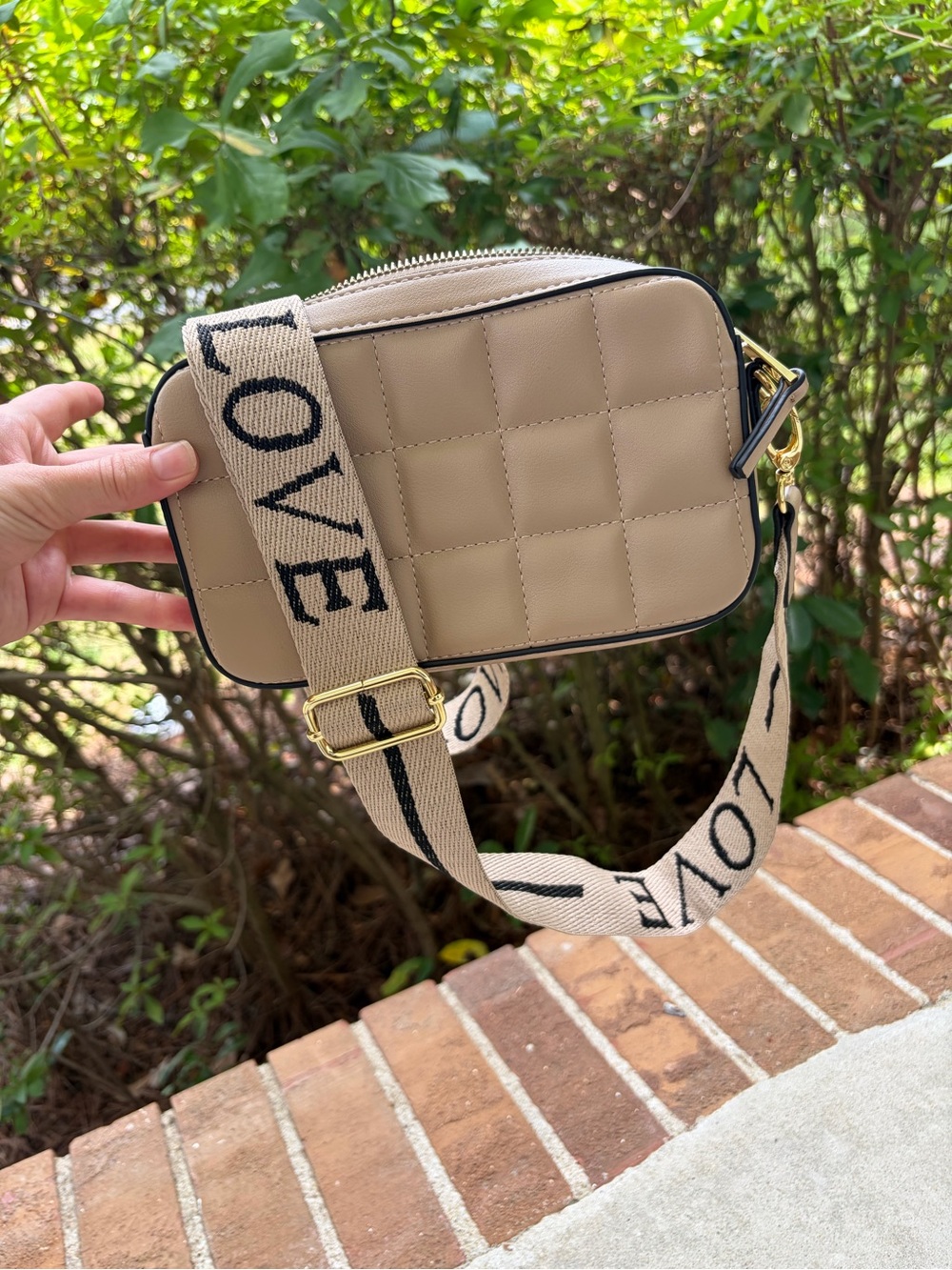 Quilted Look Crossbody Purse in Beige with LOVE Strap